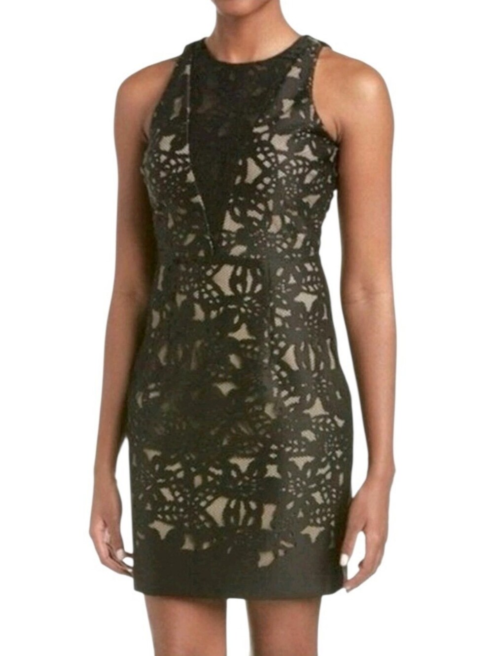 Belle Badgley Mischka Nude & Black Laser Cut Midi Dress